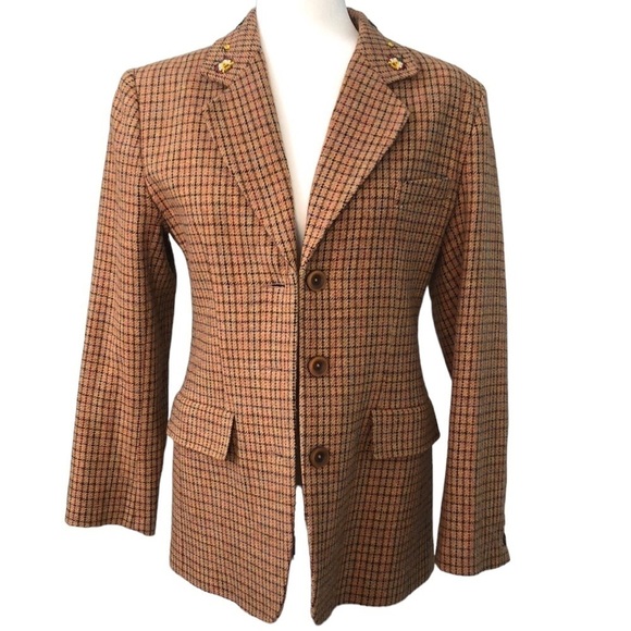 Armand Ventilo Brown Houndstooth Print Wool Blazer Beaded Collar, French Size 40 - Picture 13 of 13